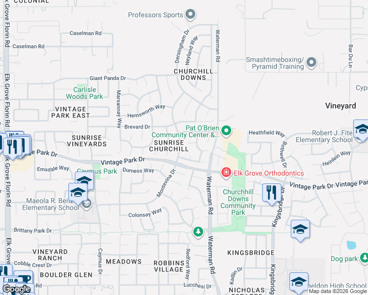 map of restaurants, bars, coffee shops, grocery stores, and more near 9241 Champagne Court in Sacramento