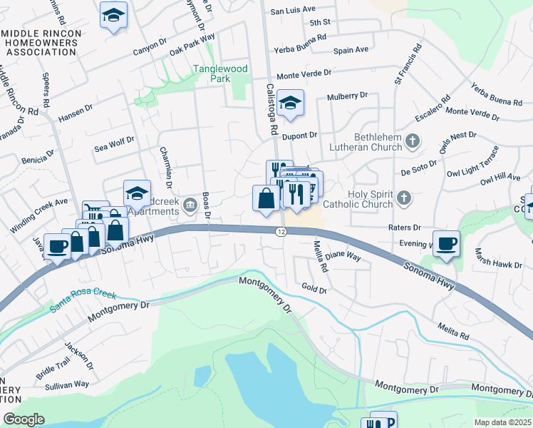 map of restaurants, bars, coffee shops, grocery stores, and more near 1224 Hidden Creek Place in Santa Rosa