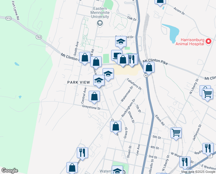 map of restaurants, bars, coffee shops, grocery stores, and more near 1000 Chicago Avenue in Harrisonburg