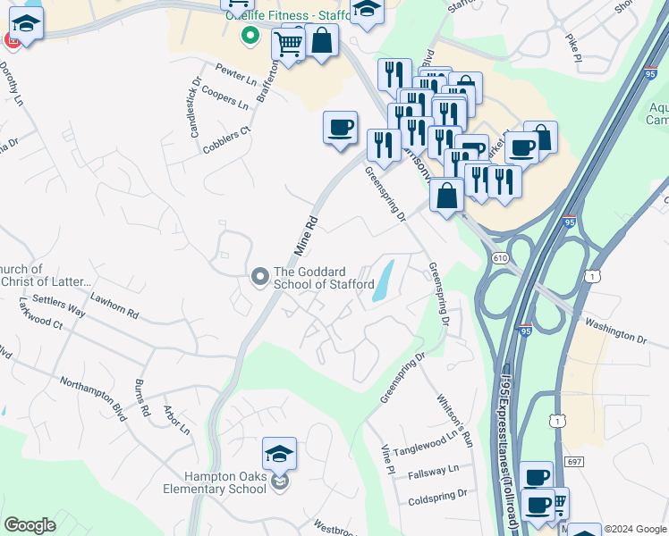 map of restaurants, bars, coffee shops, grocery stores, and more near 209 Healy Court in Stafford