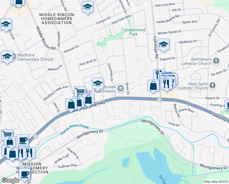 map of restaurants, bars, coffee shops, grocery stores, and more near 101 Boas Drive in Santa Rosa