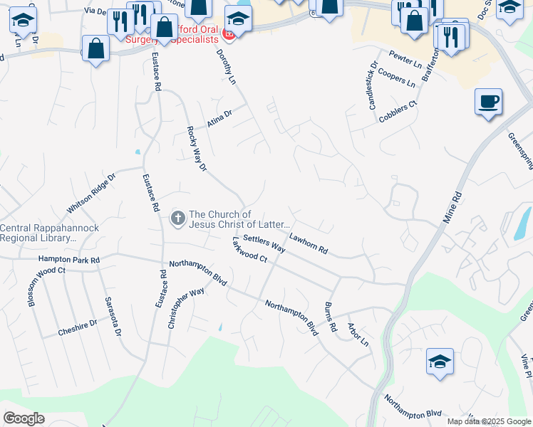 map of restaurants, bars, coffee shops, grocery stores, and more near 44 Lawhorn Road in Stafford