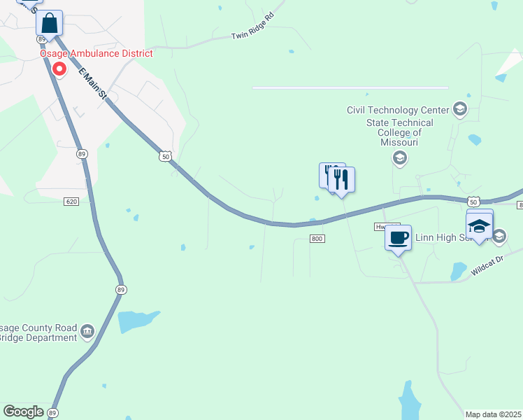 map of restaurants, bars, coffee shops, grocery stores, and more near 1639 U.S. 50 in Linn