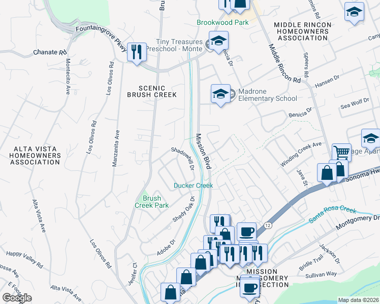 map of restaurants, bars, coffee shops, grocery stores, and more near 3987 Shadowhill Drive in Santa Rosa