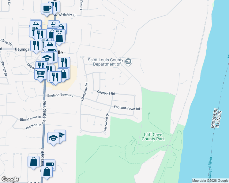 map of restaurants, bars, coffee shops, grocery stores, and more near 2145 Cliff Cave Crossing Court in St. Louis