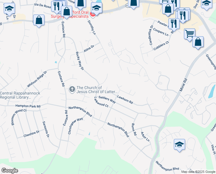 map of restaurants, bars, coffee shops, grocery stores, and more near 44 Lawhorn Road in Stafford