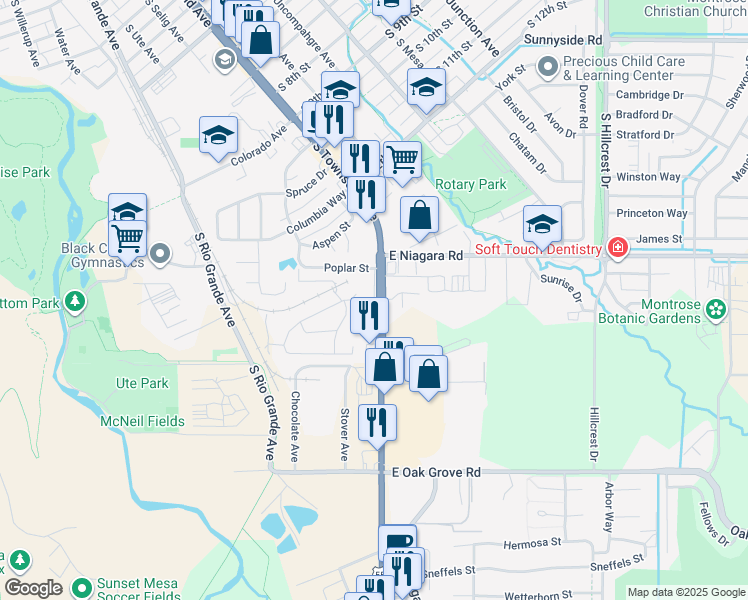 map of restaurants, bars, coffee shops, grocery stores, and more near 1874-1898 South Townsend Avenue in Montrose