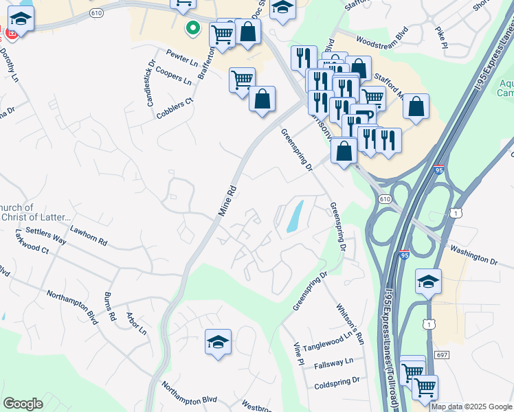 map of restaurants, bars, coffee shops, grocery stores, and more near 106 Healy Court in Stafford