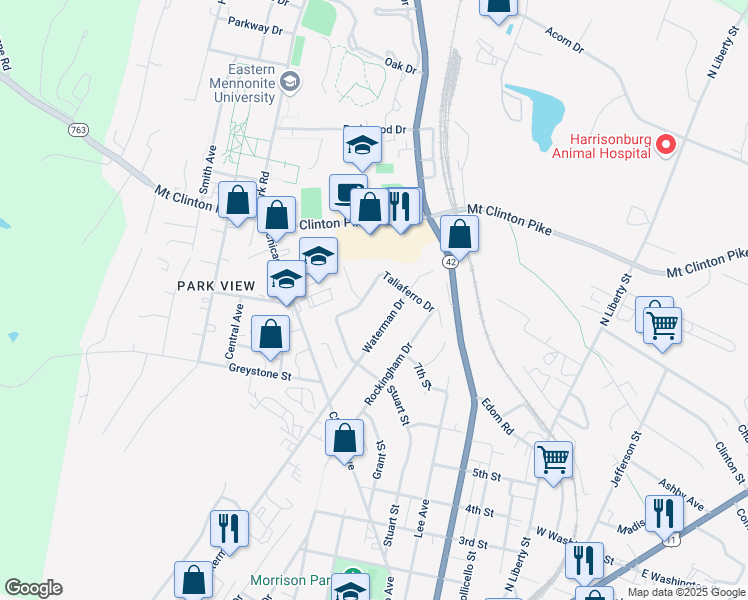 map of restaurants, bars, coffee shops, grocery stores, and more near 1110 Woodleigh Court in Harrisonburg