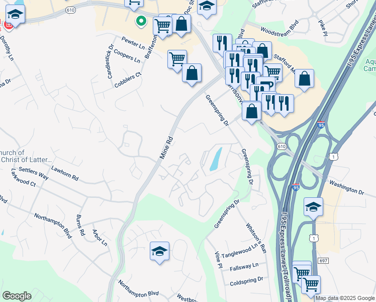 map of restaurants, bars, coffee shops, grocery stores, and more near 207 Healy Court in Stafford