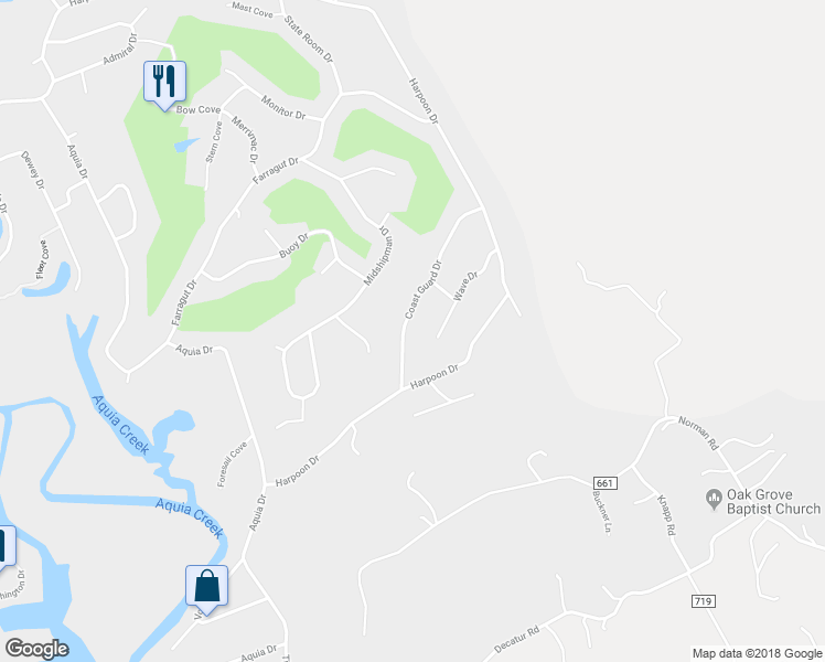 map of restaurants, bars, coffee shops, grocery stores, and more near 2011 Coast Guard Drive in Stafford
