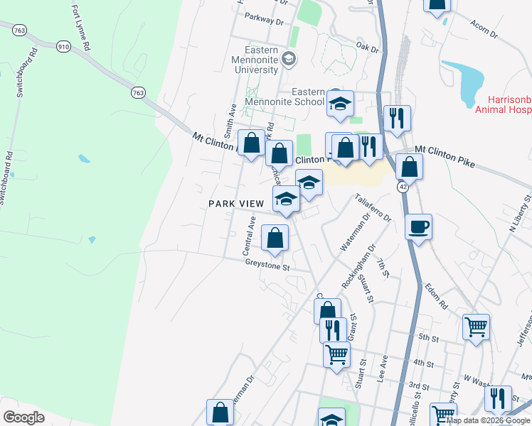 map of restaurants, bars, coffee shops, grocery stores, and more near 1045 Shenandoah Street in Harrisonburg