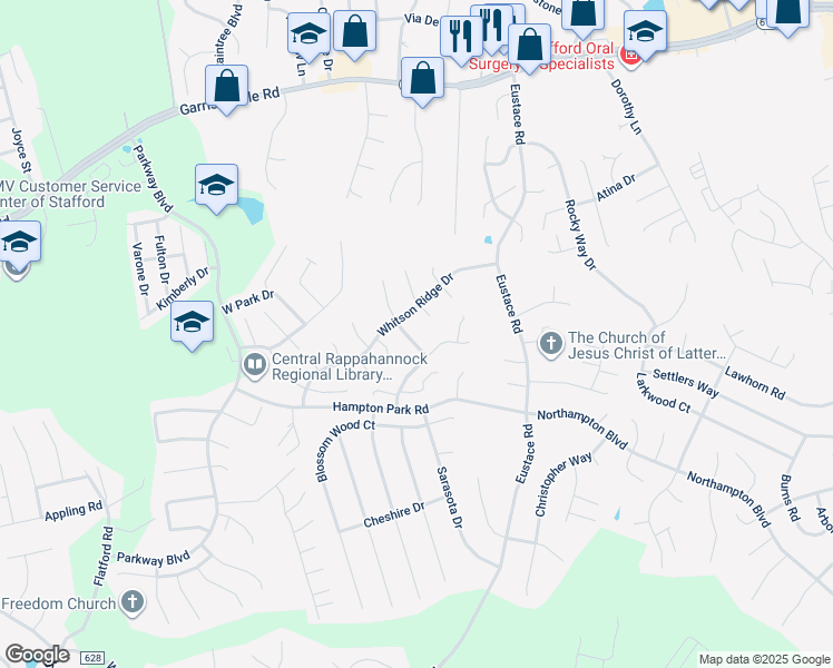 map of restaurants, bars, coffee shops, grocery stores, and more near 6 Hunter Trail in Stafford