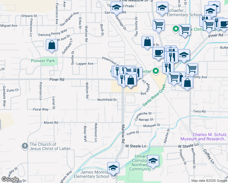 map of restaurants, bars, coffee shops, grocery stores, and more near 2828 Bay Village Avenue in Santa Rosa