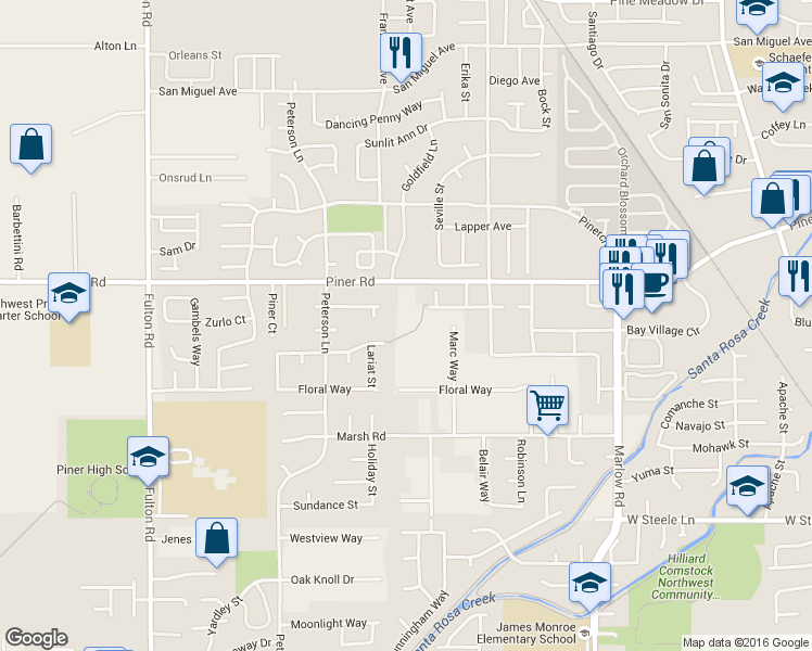 map of restaurants, bars, coffee shops, grocery stores, and more near 2200 Piner Road in Santa Rosa