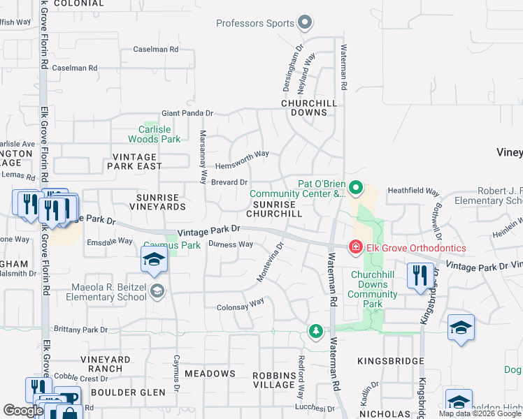 map of restaurants, bars, coffee shops, grocery stores, and more near 8023 Wente Way in Sacramento