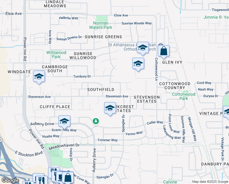 map of restaurants, bars, coffee shops, grocery stores, and more near 8017 Brightside Court in Sacramento