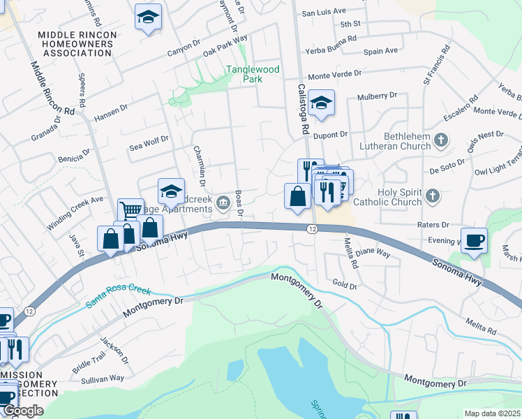 map of restaurants, bars, coffee shops, grocery stores, and more near 1225 Hidden Creek Place in Santa Rosa