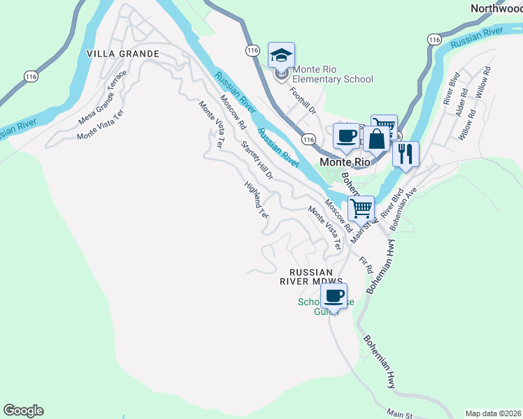 map of restaurants, bars, coffee shops, grocery stores, and more near 21573 Highland Terrace in Monte Rio