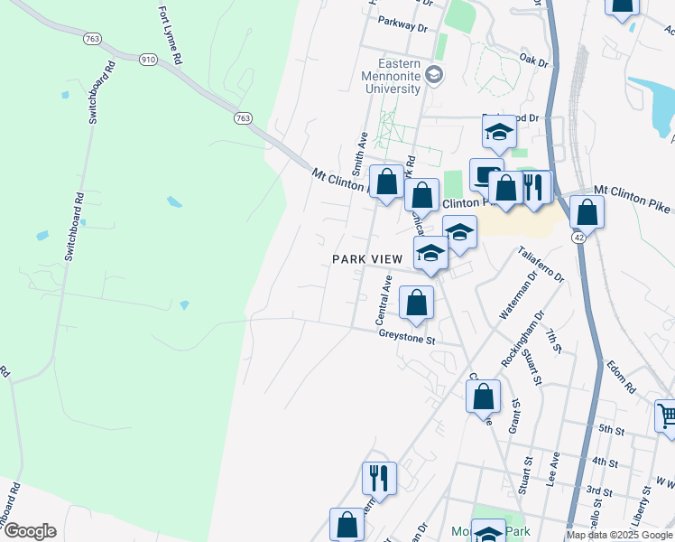 map of restaurants, bars, coffee shops, grocery stores, and more near 21 Smith Avenue in Harrisonburg