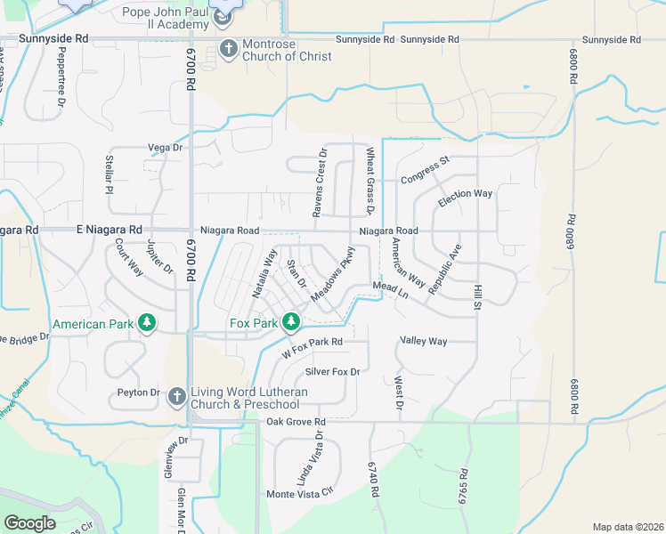 map of restaurants, bars, coffee shops, grocery stores, and more near 3233 Meadows Parkway in Montrose