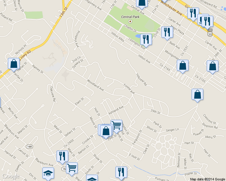 map of restaurants, bars, coffee shops, grocery stores, and more near 1151 Poplar Avenue in Ashland