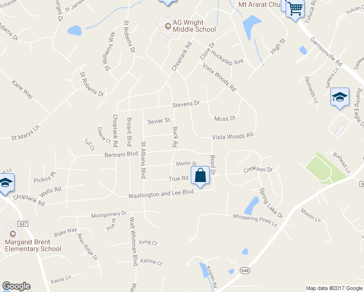 map of restaurants, bars, coffee shops, grocery stores, and more near 16 Bertram Boulevard in Stafford