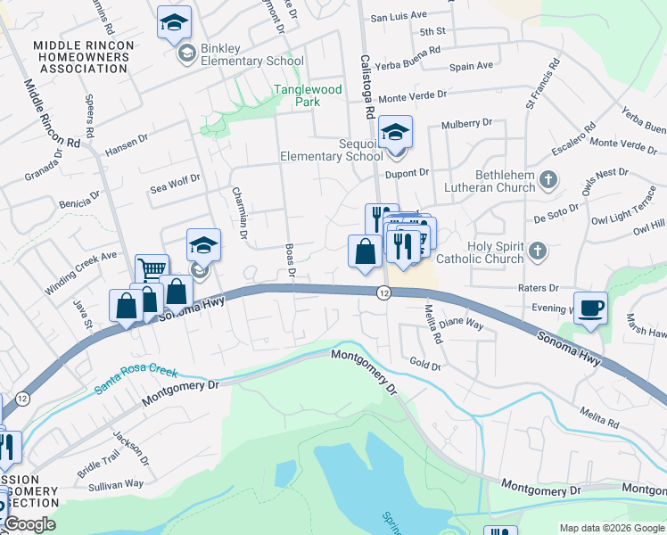 map of restaurants, bars, coffee shops, grocery stores, and more near 1225 Hidden Creek Place in Santa Rosa