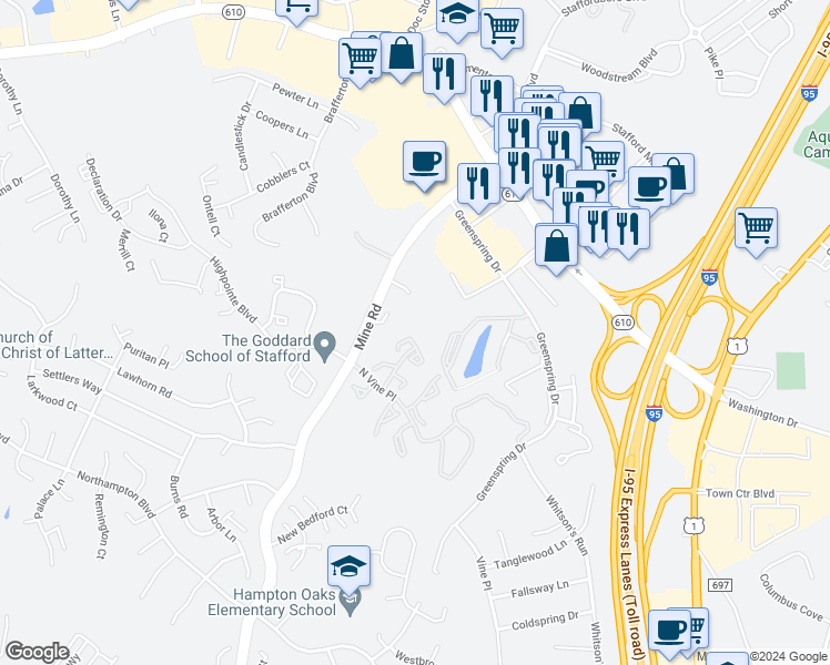 map of restaurants, bars, coffee shops, grocery stores, and more near 205 Healy Court in Stafford