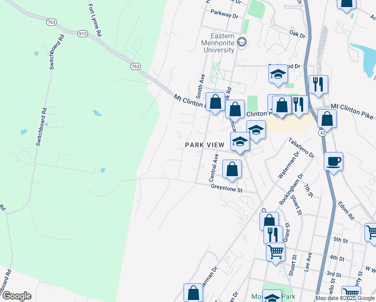map of restaurants, bars, coffee shops, grocery stores, and more near 21 Smith Avenue in Harrisonburg