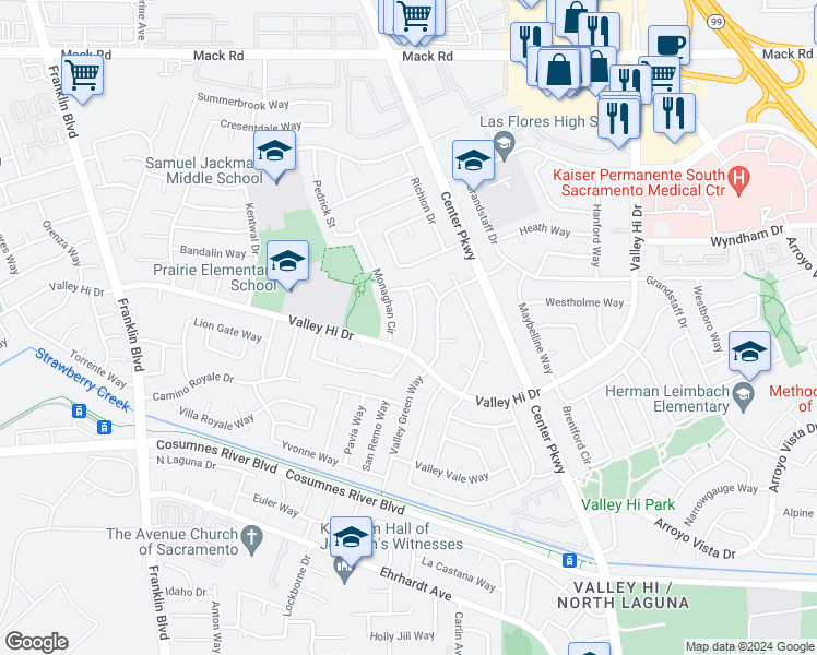 map of restaurants, bars, coffee shops, grocery stores, and more near 7824 Charmette Way in Sacramento