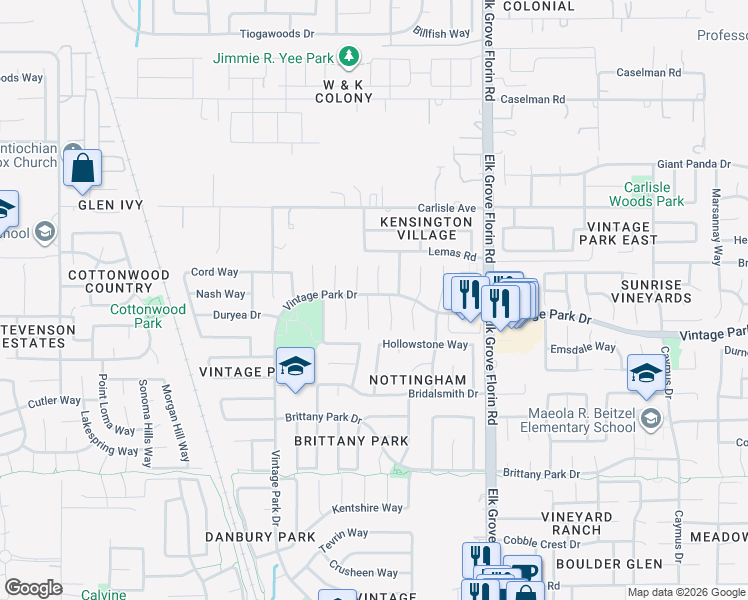 map of restaurants, bars, coffee shops, grocery stores, and more near 8029 Lomond Court in Sacramento