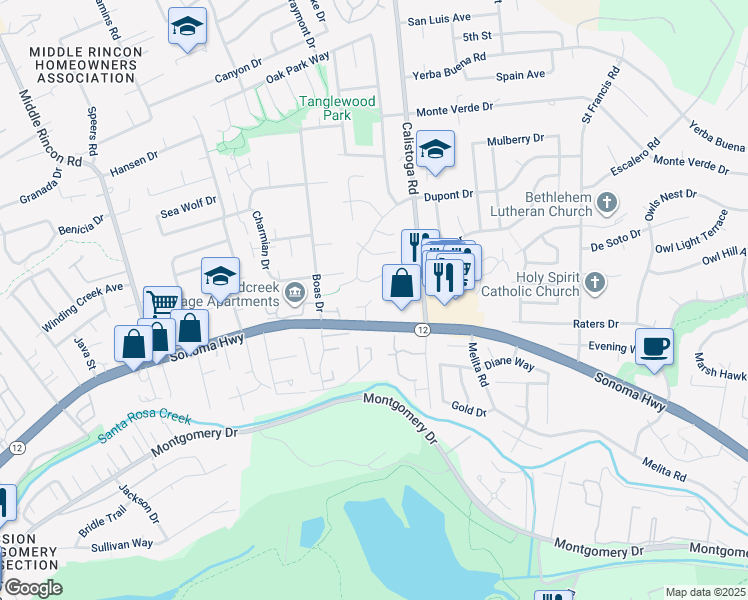 map of restaurants, bars, coffee shops, grocery stores, and more near 1224 Hidden Creek Place in Santa Rosa
