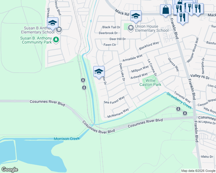 map of restaurants, bars, coffee shops, grocery stores, and more near 4014 Evalita Way in Sacramento