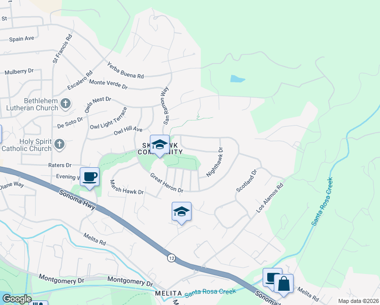 map of restaurants, bars, coffee shops, grocery stores, and more near 5866 Sailing Hawk Avenue in Santa Rosa
