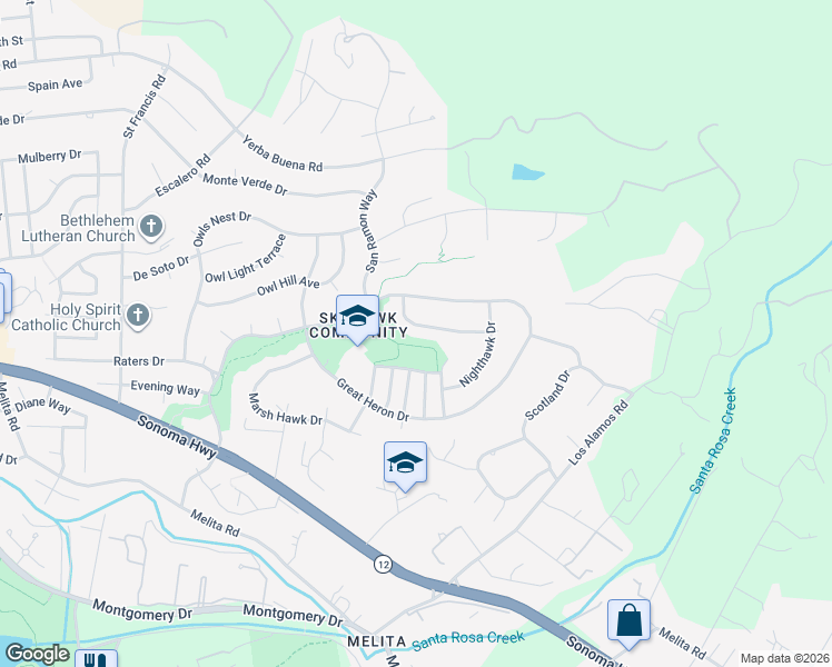 map of restaurants, bars, coffee shops, grocery stores, and more near 5866 Sailing Hawk Avenue in Santa Rosa