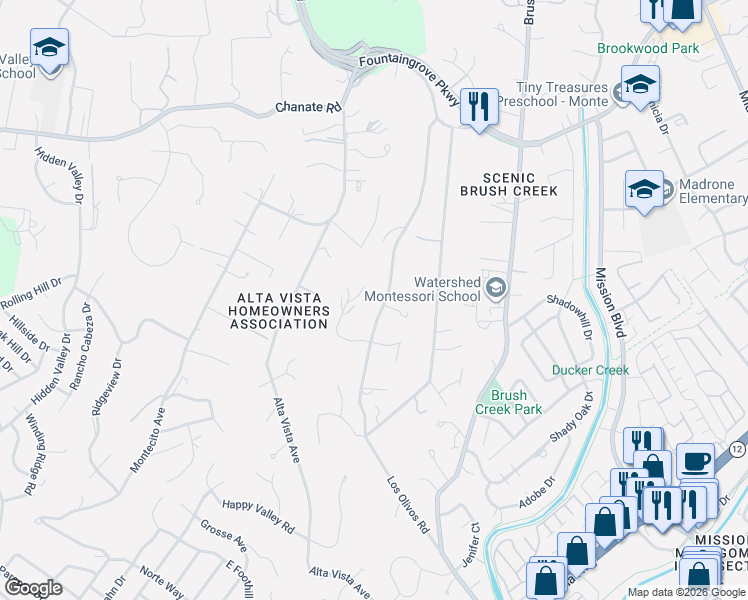 map of restaurants, bars, coffee shops, grocery stores, and more near 1625 Los Olivos Road in Santa Rosa