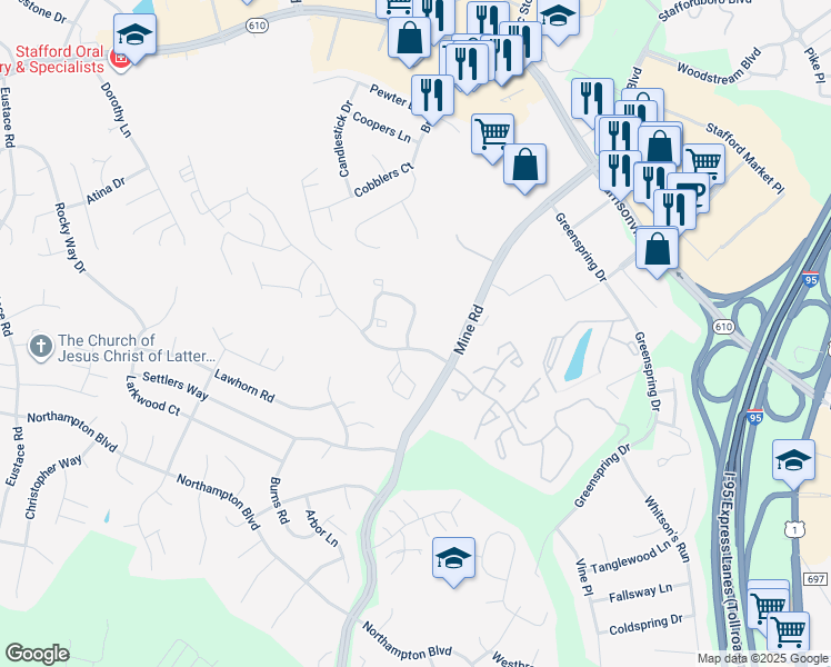 map of restaurants, bars, coffee shops, grocery stores, and more near 106 Pinnacle Drive in Stafford