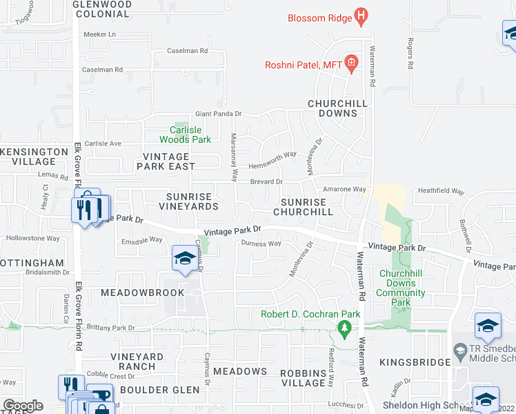 map of restaurants, bars, coffee shops, grocery stores, and more near 8050 Wente Way in Sacramento