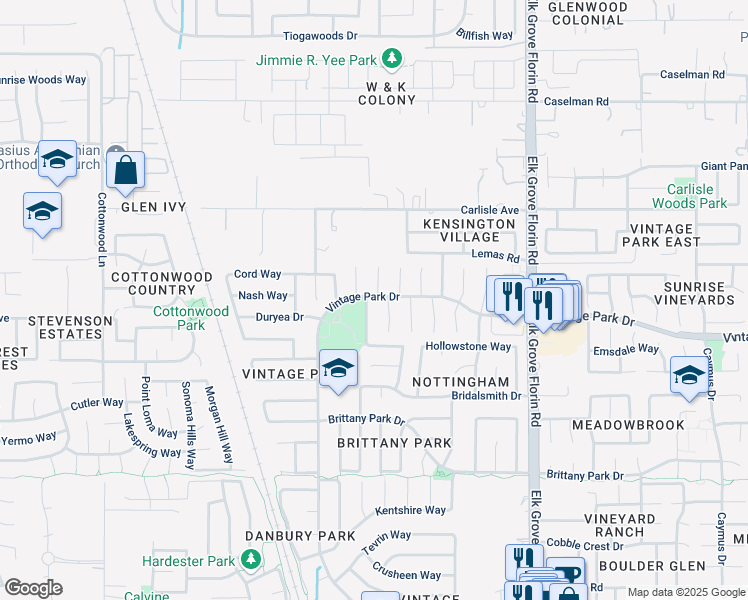 map of restaurants, bars, coffee shops, grocery stores, and more near 8029 Helmsdale Drive in Sacramento