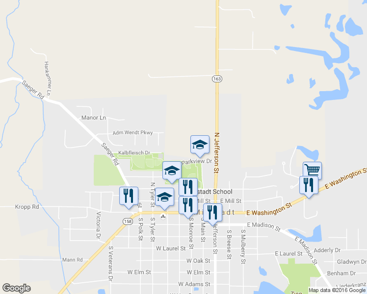 map of restaurants, bars, coffee shops, grocery stores, and more near 105 West Parkview Drive in Millstadt