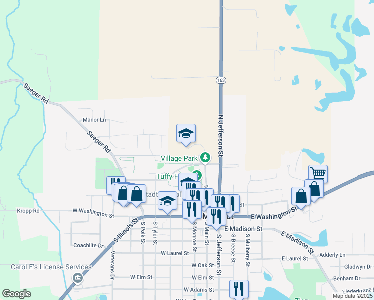 map of restaurants, bars, coffee shops, grocery stores, and more near 105 West Parkview Drive in Millstadt