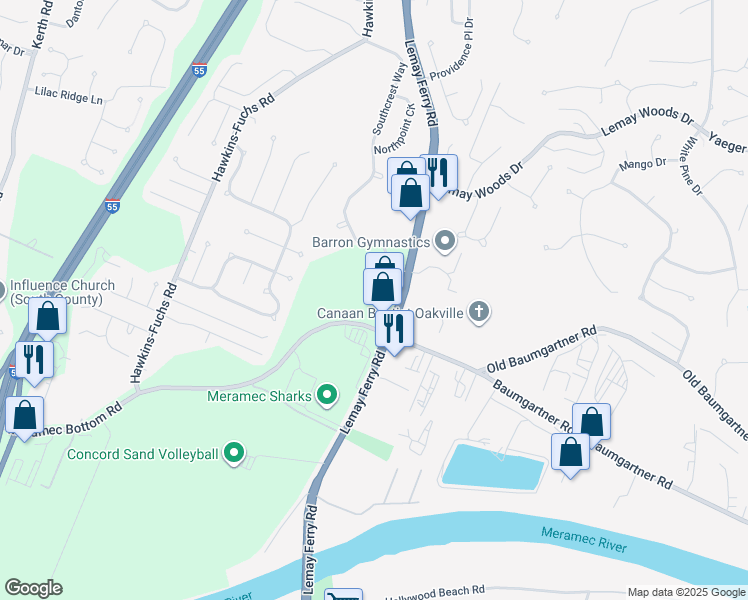 map of restaurants, bars, coffee shops, grocery stores, and more near Saint Louis College Boulevard in St. Louis