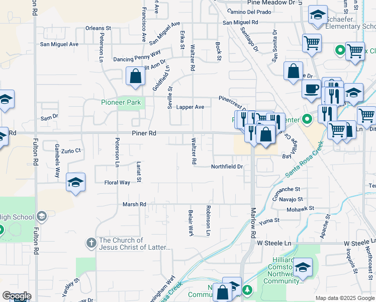 map of restaurants, bars, coffee shops, grocery stores, and more near 1928 Bodie Street in Santa Rosa