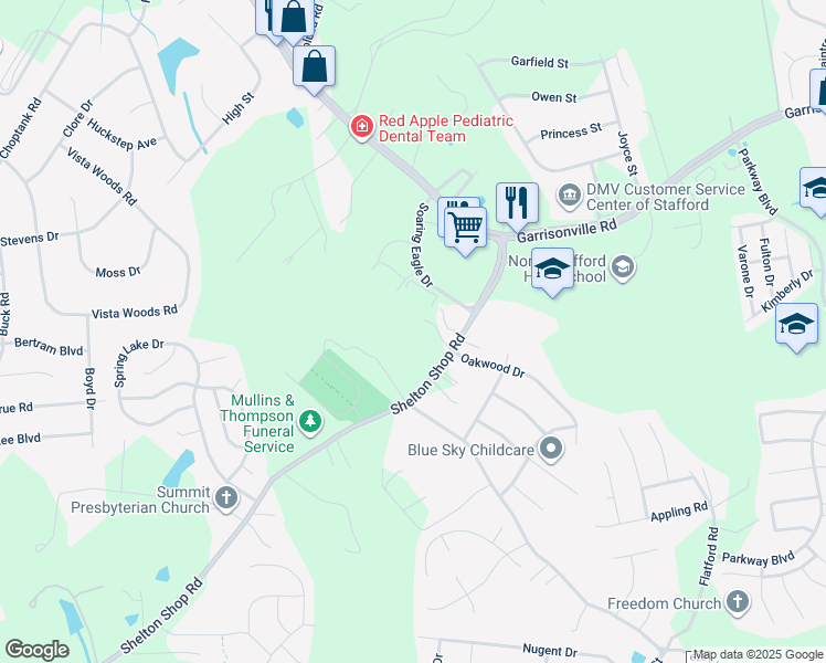 map of restaurants, bars, coffee shops, grocery stores, and more near 96 Shelton Shop Road in Stafford
