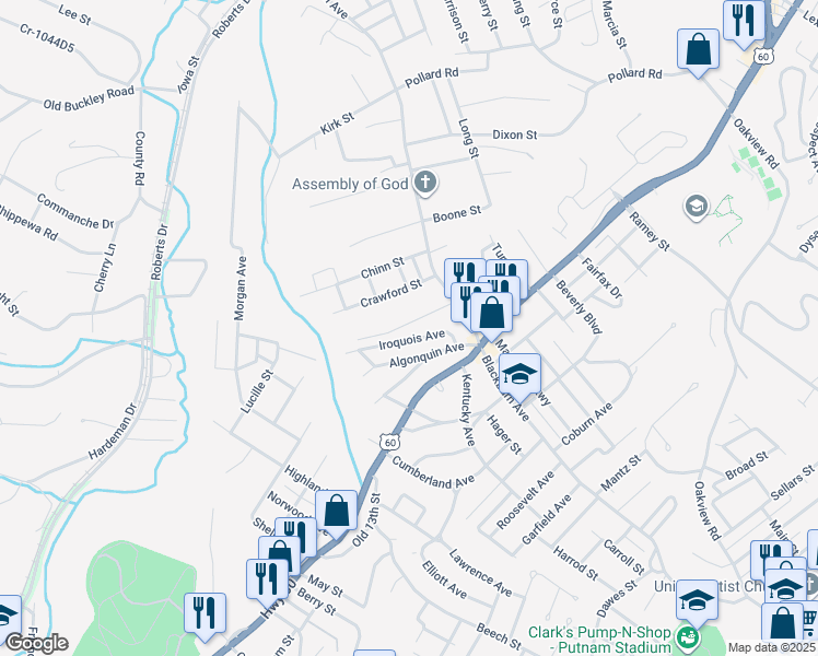 map of restaurants, bars, coffee shops, grocery stores, and more near 2450 Clinton Street in Ashland