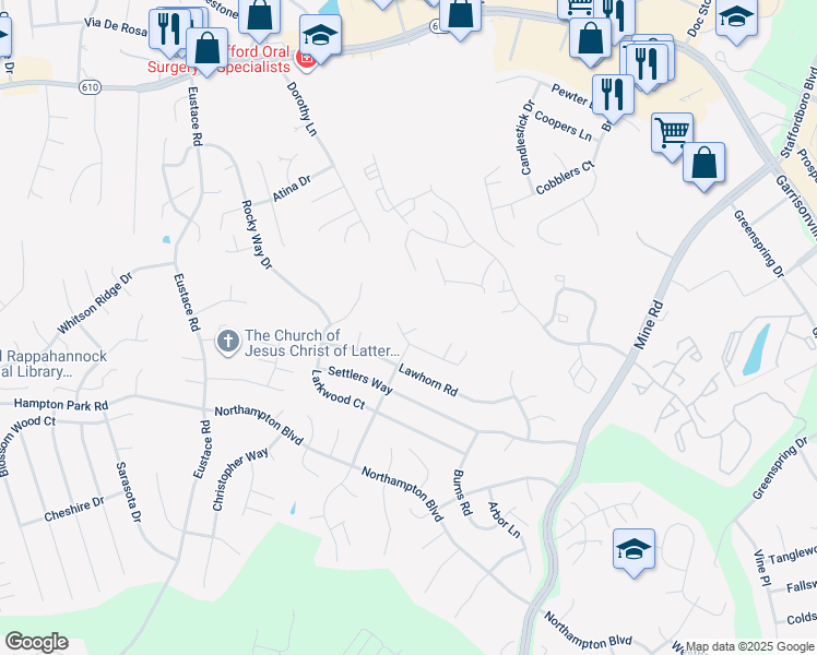 map of restaurants, bars, coffee shops, grocery stores, and more near 5 Puritan Pl in Stafford
