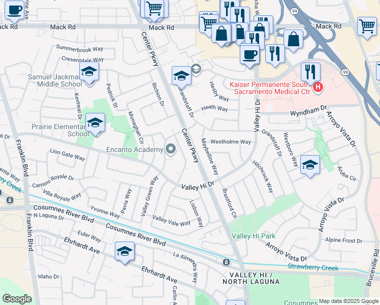 map of restaurants, bars, coffee shops, grocery stores, and more near 8018 Center Parkway in Sacramento