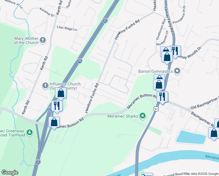 map of restaurants, bars, coffee shops, grocery stores, and more near 6192 Clovergreen Place in St. Louis