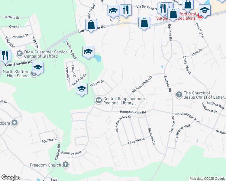 map of restaurants, bars, coffee shops, grocery stores, and more near 104 Park Cove Drive in Stafford